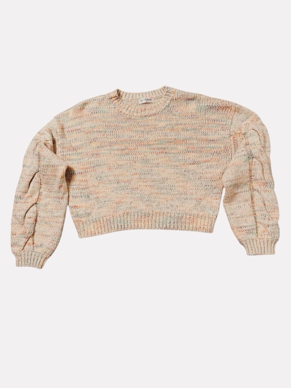 Vestique Cable-Sleeve Marled Knit Cropped Sweater Size M Pastels Cozy Soft